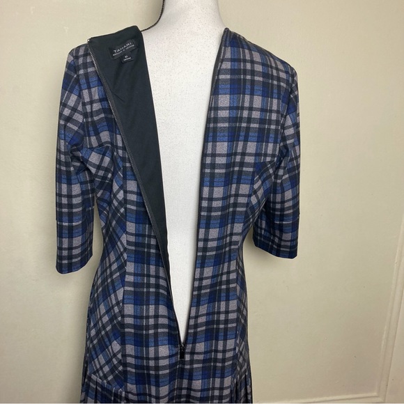 Tahari Arthur S. Levine Sheath Dress Gray Plaid Pleated Short Sleeve Career - Picture 6 of 13